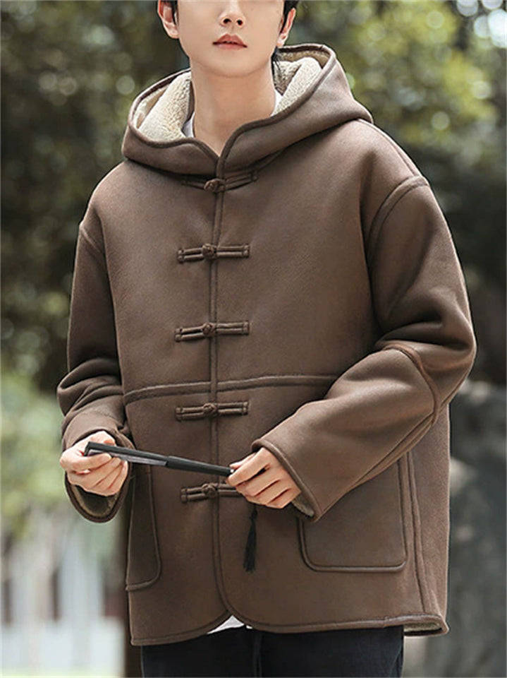 ‌Men's Winter Chinese Style Faux Suede Thermal Lined Hooded Tangsut Coats