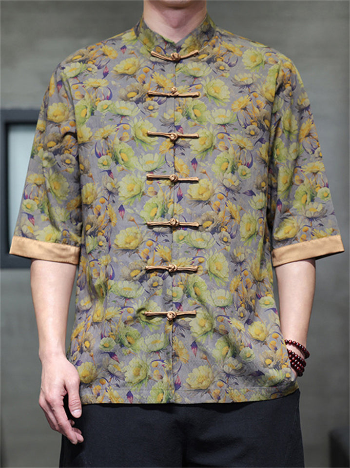 Men's Retro Chinese Style Print Tang Suit Half Sleeve Shirts