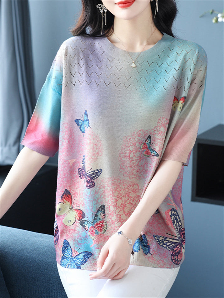Women's Loose Butterfly Print Round Neck Short Sleeve Knit T-Shirts