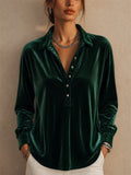 Womens Velvet Collared Long Sleeve Relaxed Blouse