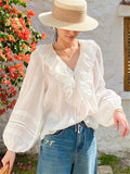 French Style Women's Ruffled V-Neck Tencel Long Sleeve Shirt
