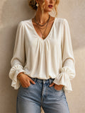 Womens Elegant Velvet V Neck Ruffle Flare Sleeve Blouse