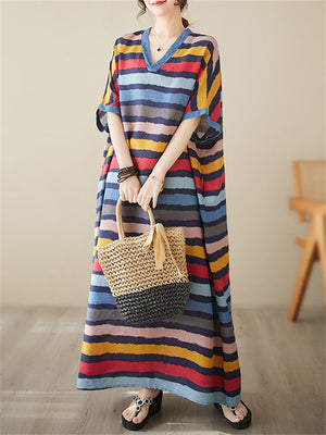 Colorful Stripes V Neck Vacation Long Dress for Women