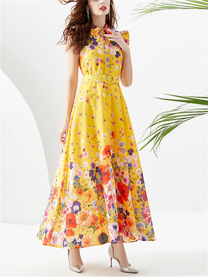 Women's Sleeveless Lapel Collar Floral Maxi Dress for Summer