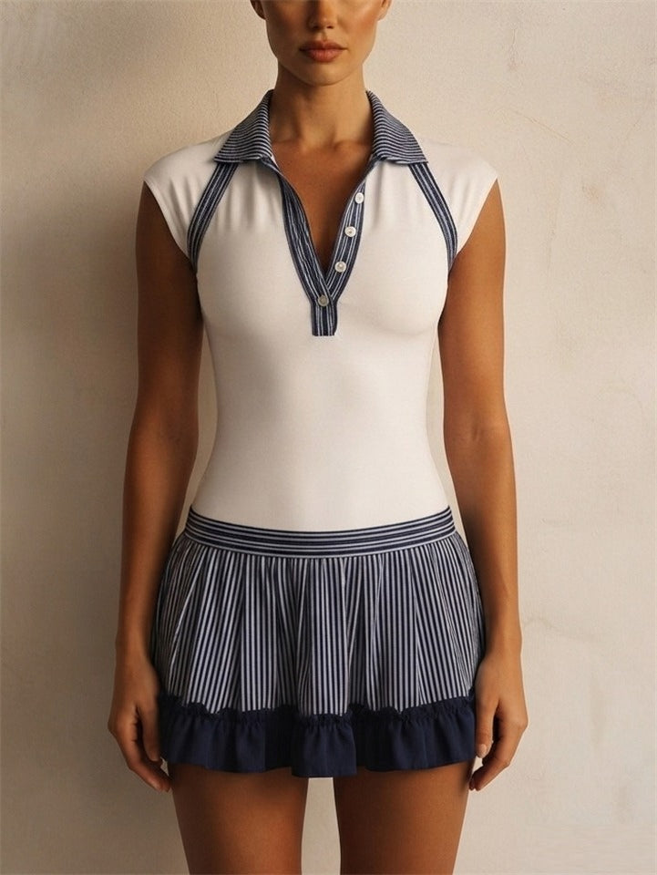 Womens Navy Striped Polo Tennis Dress Pleated Ruffle Mini Dress