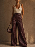 Women Faux Leather High Waist Wide Leg Belted Flared Pants