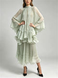 Womens Elegant High Neck Pleated Flare Sleeve Top and Tiered Maxi Skirt Set