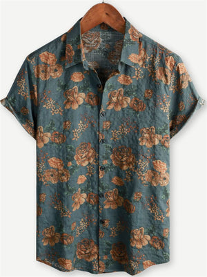 Men's Vintage Floral Print Button Up Holiday Short Sleeve Shirt