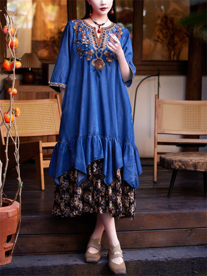 Women's V-neck Ethnic Floral Embroidery Patchwork Ruffled Denim Dress