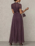 Women Purple Chiffon Lace High Neck Puff Sleeve Maxi Dress