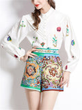 Women's 2Pcs Flowers Print Long Sleeve Shirt & Pants Set