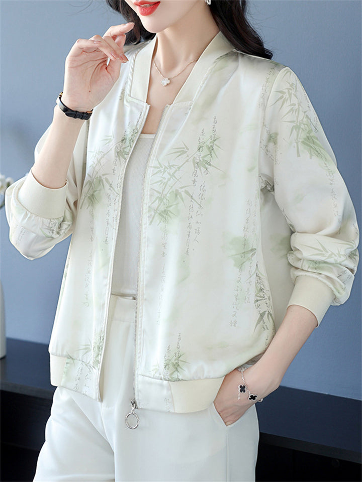 Chinese Style Women's Bamboo Hanzi Print Long Sleeve Jacket