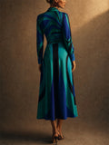 Women Teal Abstract Geometric Print Long Sleeve Shirt and Wide Leg Pants Set