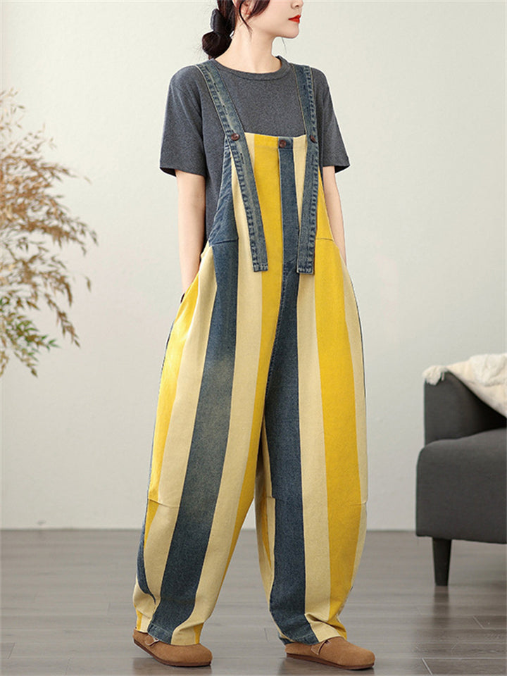 Women's Contrast Color Stripe Overall Denim Cropped Jumpsuits