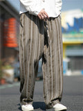 Men's Retro Straight Leg Striped Casual Pants with Elastic Waist