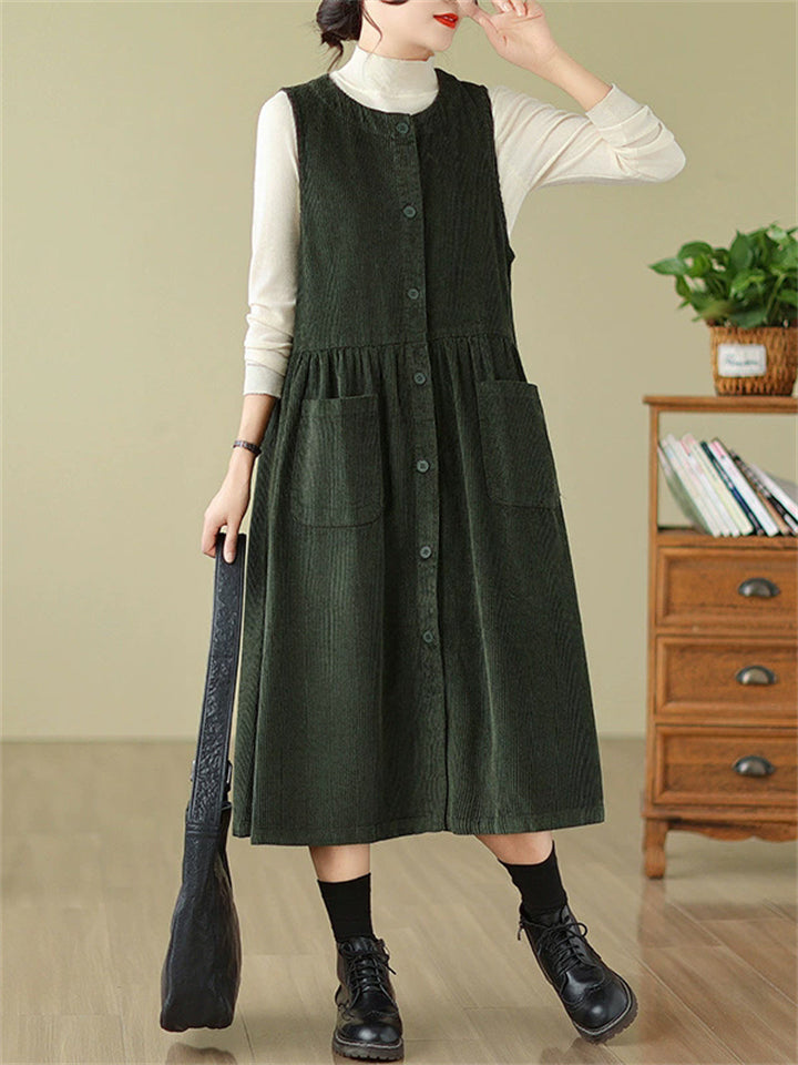 Women's Solid Color Round Neck Pockets Corduroy Vest Dress