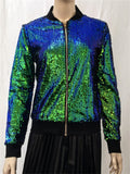Women's Casual Contrast Color Sequin Stand Collar Zip Jacket