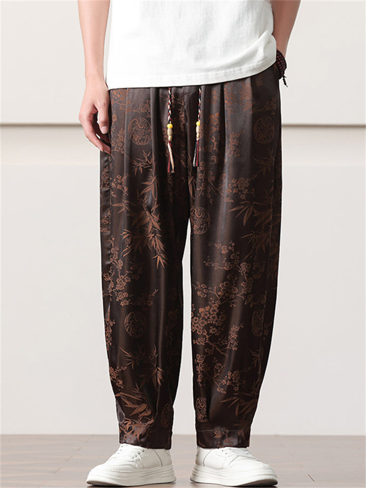 Men's Retro Chinese Style Plum Blossom and Bamboo Print Wide Leg Pants