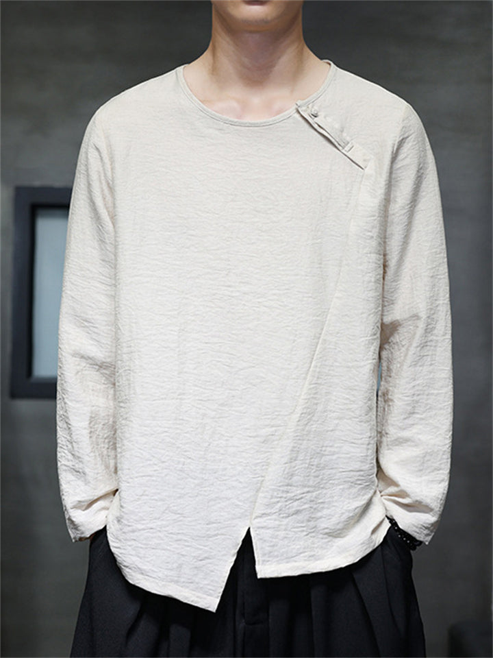 Men's Retro Solid Color Comfy Long Sleeve Round Neck Shirt