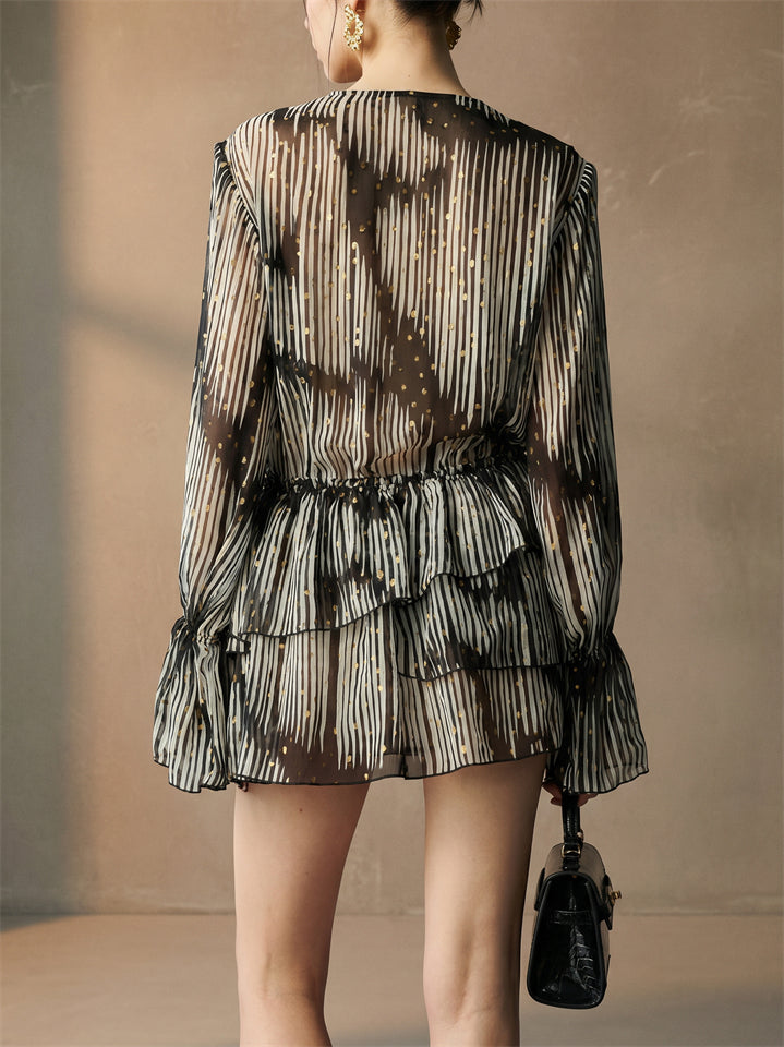 Women's Summer Chiffon Lace V Neck Striped Flare Sleeve Mini Dress