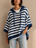Womens Striped Knit Loose Fit Hooded Sweater