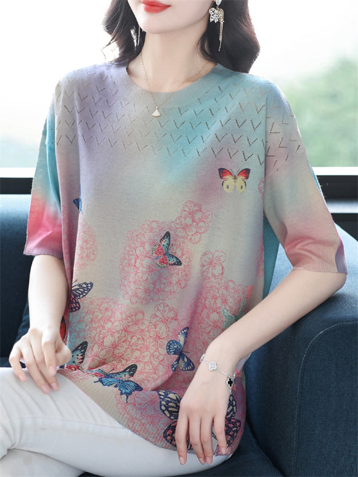 Women's Loose Butterfly Print Round Neck Short Sleeve Knit T-Shirts