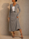 Women 2 Piece Ribbed Knit Button Down Cardigan Midi Skirt Set