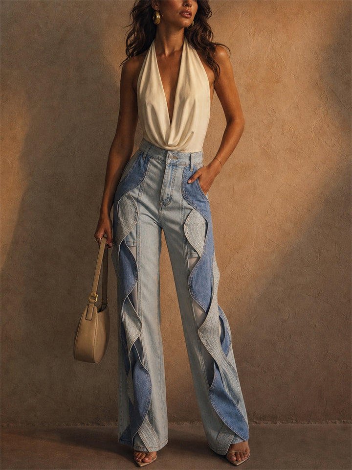 Women High Waist Ruffle Wave Rhinestone Wide Leg Jeans