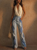 Women High Waist Ruffle Wave Rhinestone Wide Leg Jeans