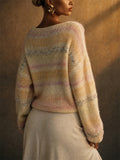 Women Pastel Striped Sequin Mohair Look Soft Knit Sweater