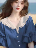 Women's Summer Contrast Color Lotus Short Sleeved Shirts