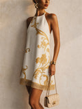 Women White Gold Baroque Floral Lace Trim Halter Mini Dress