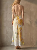 Women's Celestial Sun Print Summer Backless Satin Maxi Dress