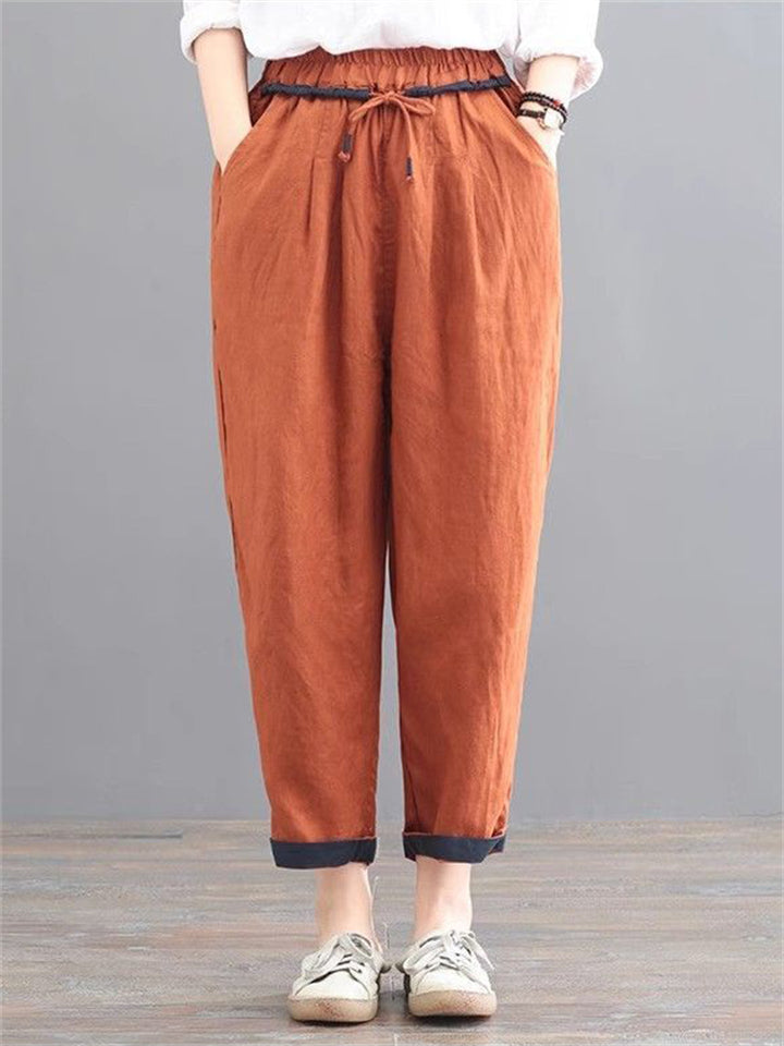 Comfortable Cotton Linen Drawstring Simple Tapered Pants for Women