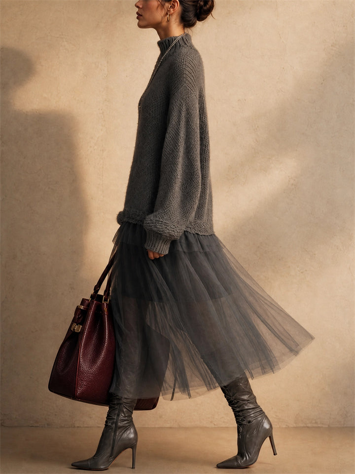 Women Mock Neck Tulle Patchwork Knit Sweater Midi Dress
