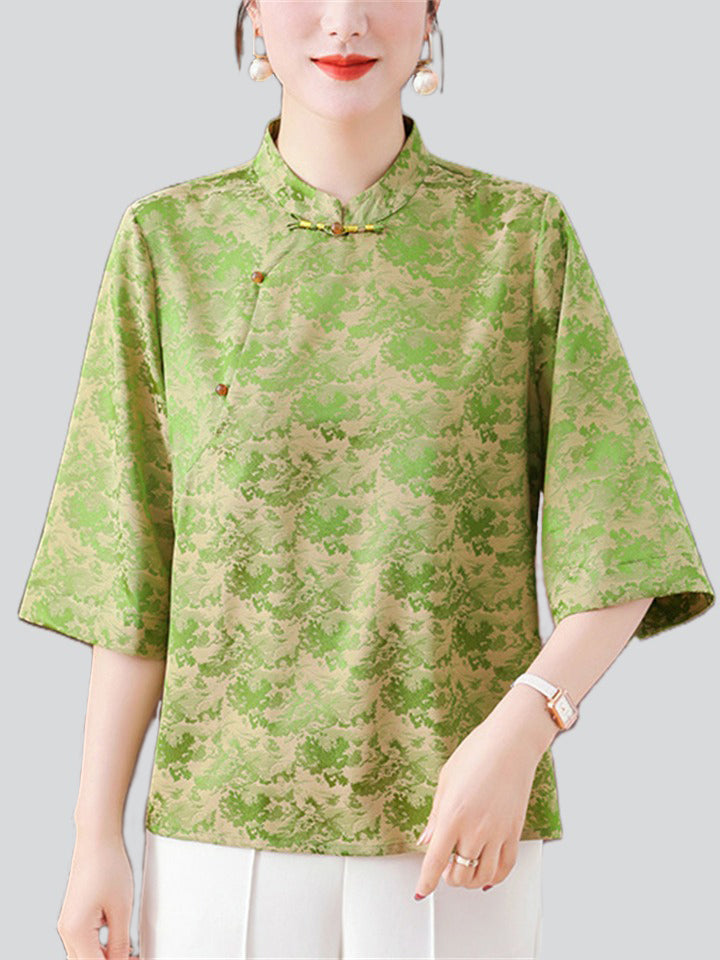 Chinese Style Stand Color Knot Button Elegant Shirt for Women