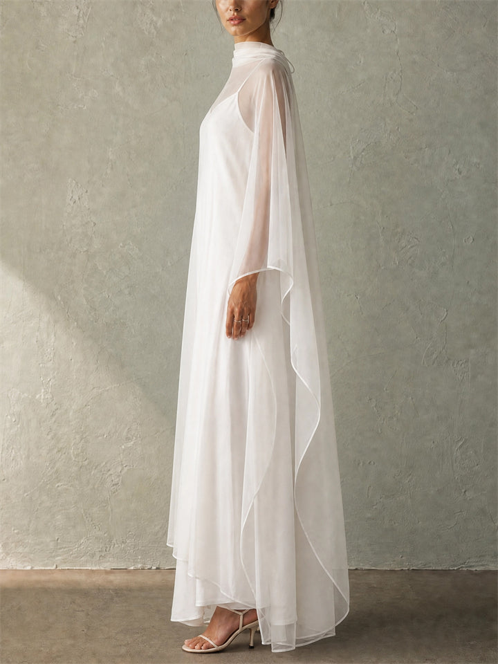 Womens White Sheer Cape Overlay Two Piece Maxi Dress Set