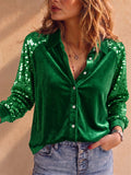 Women Sequin Velvet Button Down Long Sleeve Party Blouse