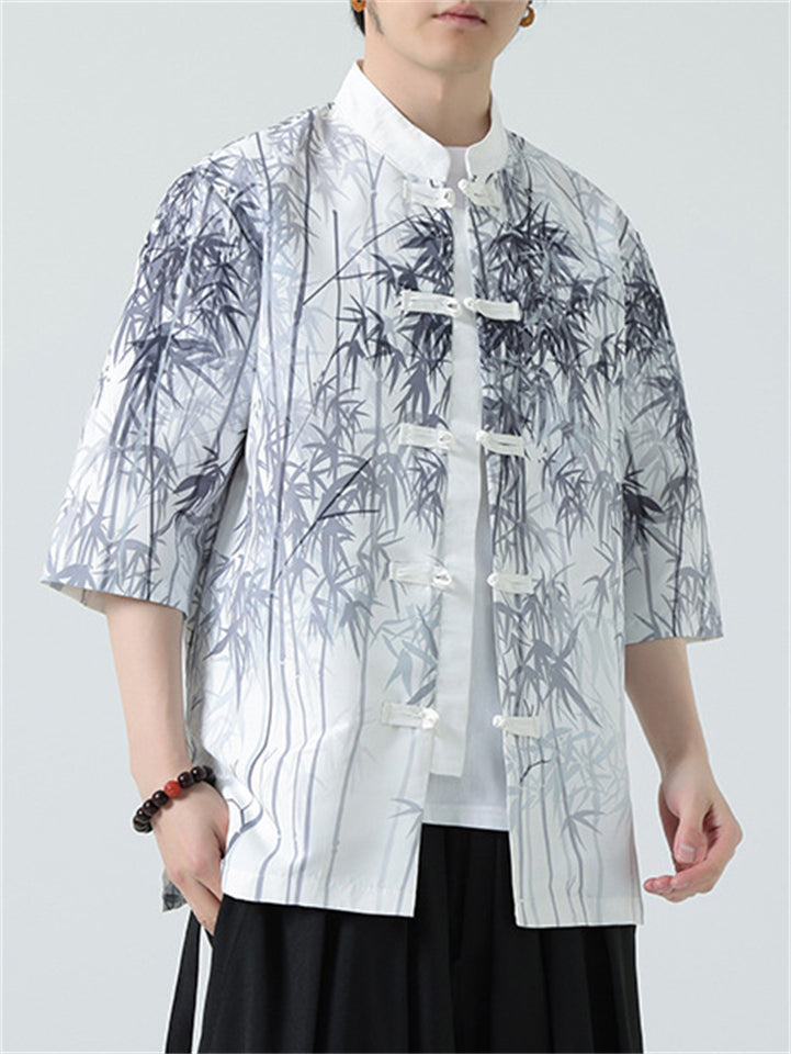 Chinese Style Bamboo Print Short Sleeve Shirts for Men