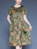 Women's Loose  Floral Print O-neck Short Sleeve Dress