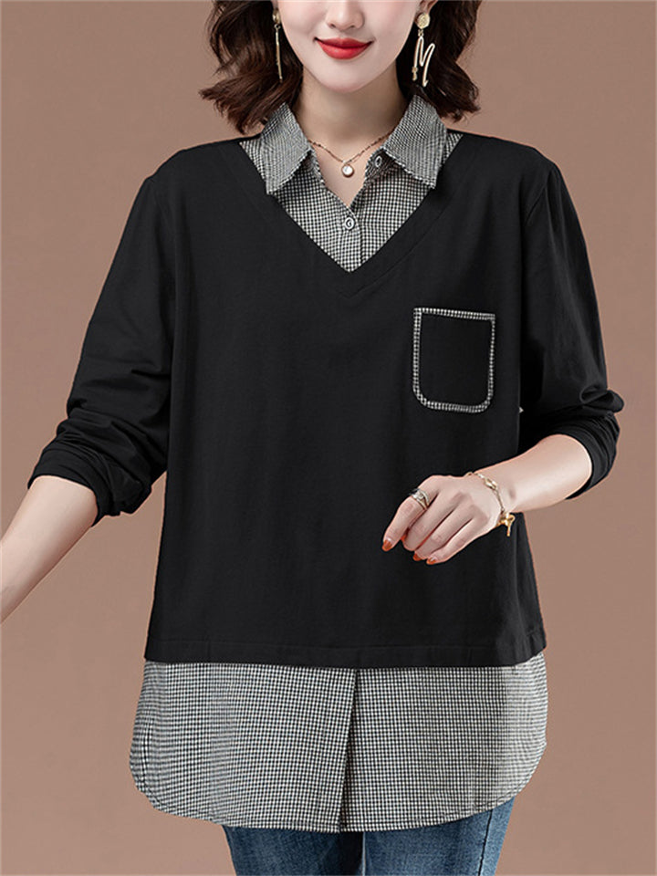 Women's Loose Cotton Contrast Color Patchwork Long Sleeve Shirts