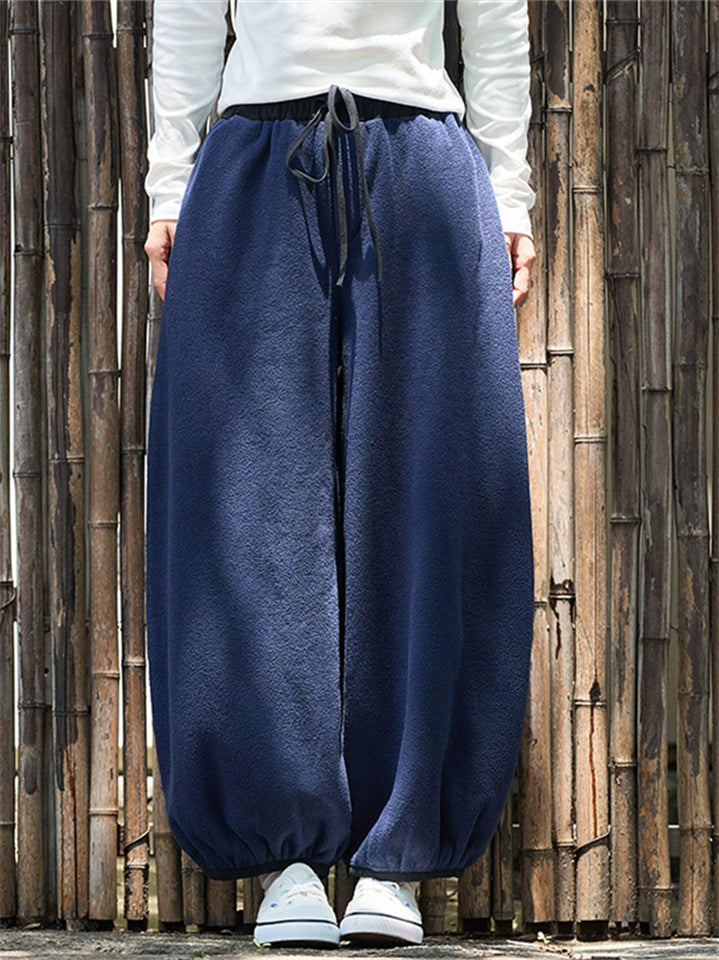 Men's Vintage Winter Loose Fit Fleece Bloomers Pants with Elastic Waist and Drawstring