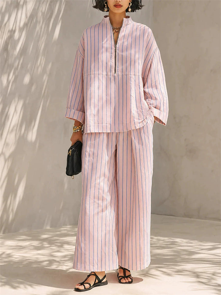 Women Simple Striped Long Sleeve Quarter Zip Top and Wide Leg Pants Set