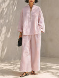 Women Simple Striped Long Sleeve Quarter Zip Top and Wide Leg Pants Set