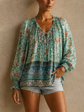 Womens Boho Floral V Neck Smocked Cuff Long Sleeve Blouse