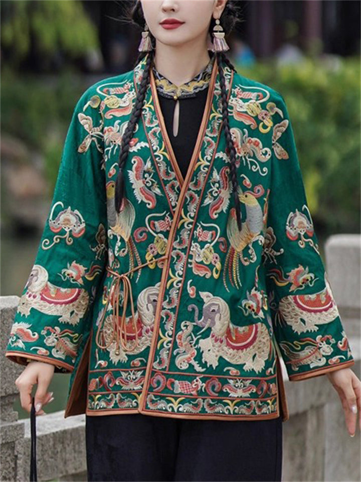 Women's Ethnic Style Totem Embroidered Lace Up Cardigan Jacket