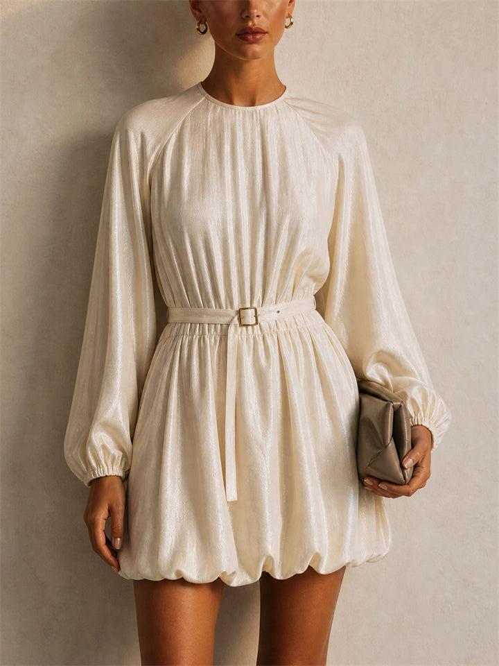 Women Puff Sleeve Bubble Hem Belted Party Mini Dress
