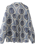 Women's Casual Blue Flower Print Chiffon V Neck Shirt