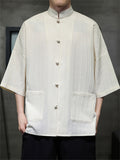 Men's Summer Retro Solid Color Stripe Loose Short Sleeve Shirts