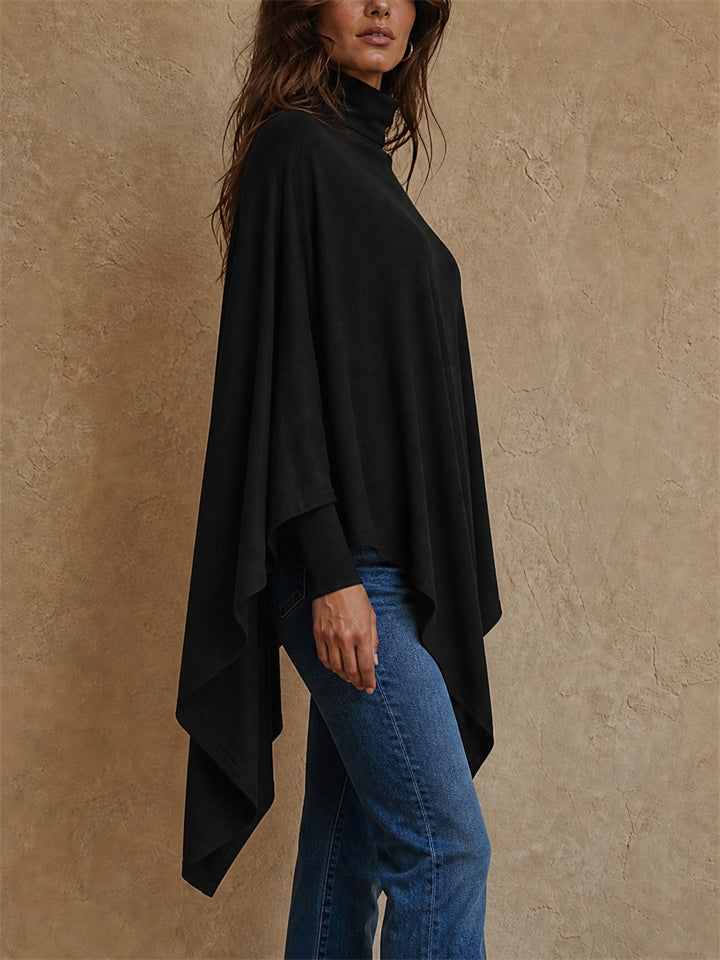 Womens Black Turtleneck Asymmetrical Poncho Wrap Top